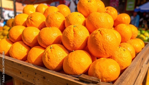 Sun-kissed vibrant oranges piled high in a rustic wooden crate, showcasing their textured peels