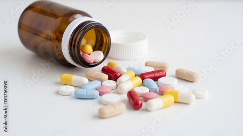 Spilled Pharmaceutical Pills and Capsules from Brown Glass Medicine Bottle