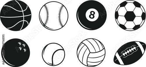 Black silhouettes of people practicing yoga and stretching, diverse fitness poses for wellness, health, and exercise, vector icons set