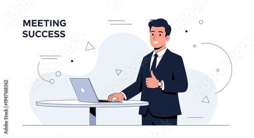 Successful businessman giving thumbs up near laptop, meeting success concept