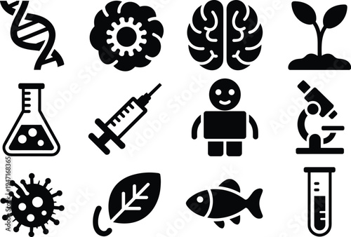 Science and Medical Icons Set DNA Brain Plant Microscope Test Tube Keywords: DNA, double helix, science, genetics, biology