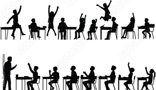 School Children Silhouettes Raising Hands and Jumping Keywords: school, children, kids, students, classroom, education, learning