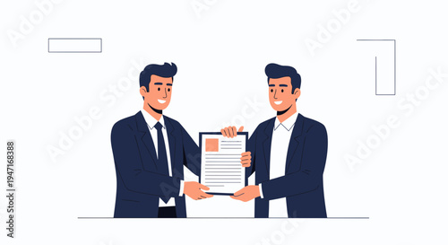 Two businessmen shaking hands over a signed contract, agreement, partnership, success