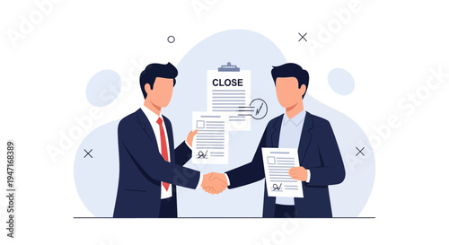 Businessmen shaking hands, closing a deal with signed contracts and 'CLOSE' document.