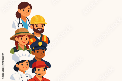 Diverse Group of Professionals and Essential Workers in Various Uniforms Including Doctor, Construction Worker, Farmer, Police Officer, Chef, and Call Center Agent. Flat Vector Illustration with Copy