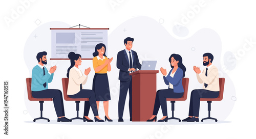 Business meeting success: Speaker applauded by diverse team in modern office