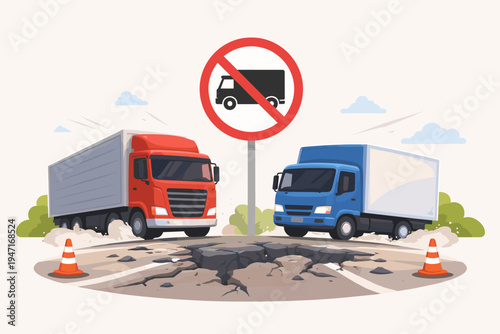 Heavy trucks violating prohibition signs and damaging asphalt road with a large pothole, flat vector illustration of infrastructure failure, traffic rules violation, and road maintenance needs.