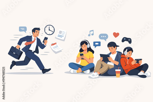 Busy businessman in suit running with briefcase and phone next to relaxed young generation sitting on floor using digital gadgets like tablets and smartphones for entertainment and gaming.