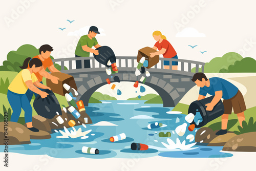 People Dumping Trash and Plastic Waste into a River from a Bridge, Environmental Pollution Concept, Flat Vector Illustration of Illegal Rubbish Disposal and Water Contamination Scene.