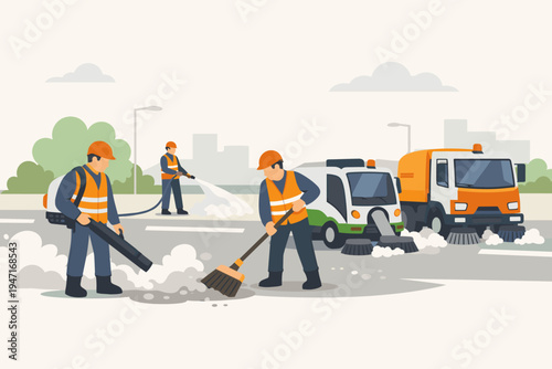 Municipal Workers and Specialized Dust Removal Vehicles Cleaning a City Road with Brooms, Leaf Blowers, and Street Sweepers in a Flat Vector Illustration for Urban Maintenance and Sanitation.
