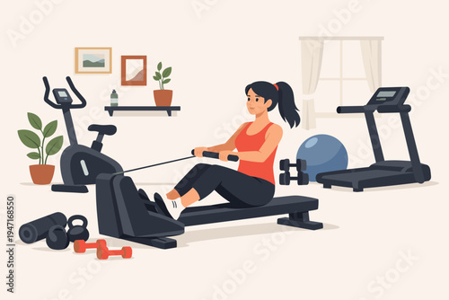 Young Woman Exercising on a Rowing Machine in a Home Gym with Fitness Equipment like a Treadmill, Stationary Bike, Dumbbells, and Kettlebells, Flat Vector Illustration for Health and Wellness.