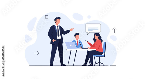 Business meeting: manager leading team discussion, pointing, planning strategy