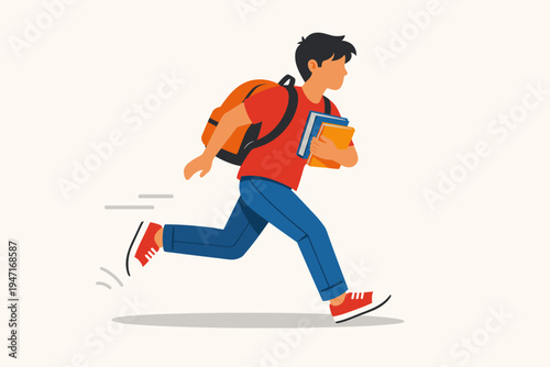 Flat Vector Illustration of a Young Student Boy Running to School with a Backpack and Books in Hand, Depicting a Late Student Hurrying to Class or College on a Clean Light Background.