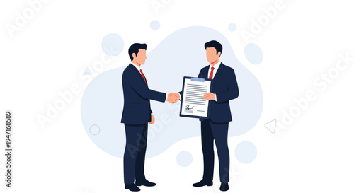 Businessmen shaking hands and signing contract, partnership agreement, deal closing concept