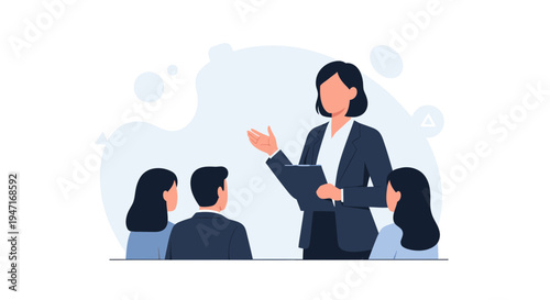 Businesswoman presenting to audience, team meeting, corporate training, presentation skills