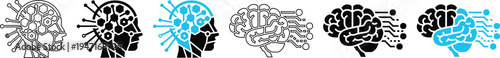 Modern Artificial Intelligence Brain and Humanoid Cyborg Head Vector Icons Set for Future Tech