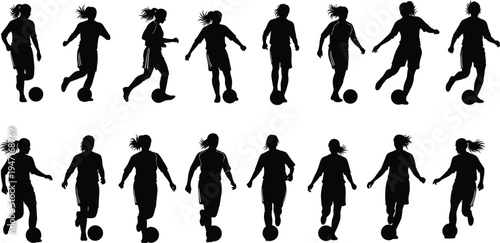 Black soccer player silhouettes set, football athletes kicking ball, professional sport action poses, isolated vector icons for competition, training, tournaments. (20 words)