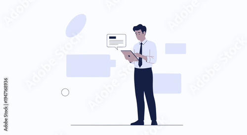 Man in suit using tablet, with abstract shapes and chat bubble, modern illustration
