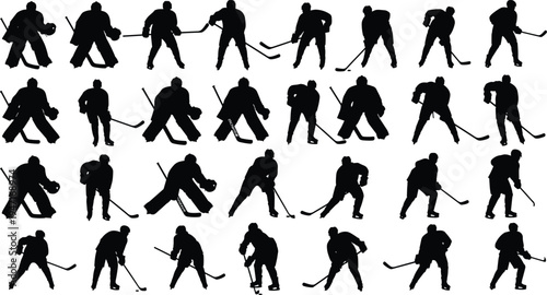 Large set of ice hockey player silhouettes including goalies and skaters, showing shooting, skating, puck handling, and defensive game poses,