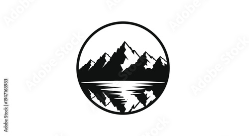 Mountain range and lake reflection within a circular frame silhouette