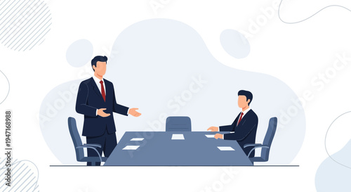 Business Meeting: Two businessmen in suits in a modern conference room discussing strategy