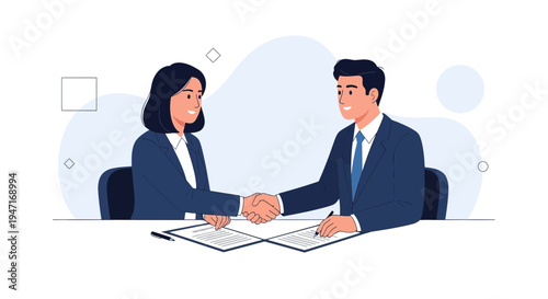 Business handshake agreement between man and woman over contract papers