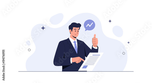 Businessman giving thumbs up while reviewing document with growth chart icon