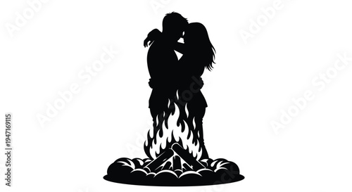 Couple embracing intimately near a campfire dramatic black silhouette