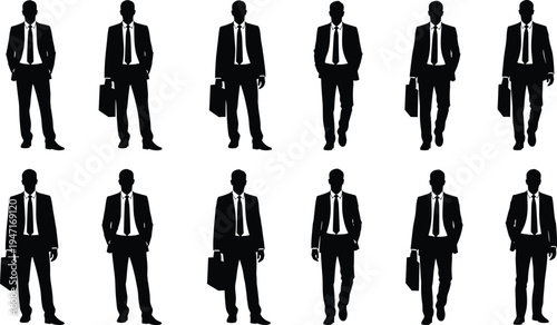 Businessman silhouettes collection in formal suit with briefcase, professional corporate men standing and walking poses for office, management and career concept isolated on white