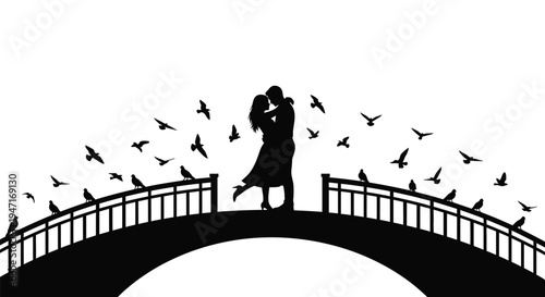 Couple embracing on a bridge with flying birds a romantic silhouette