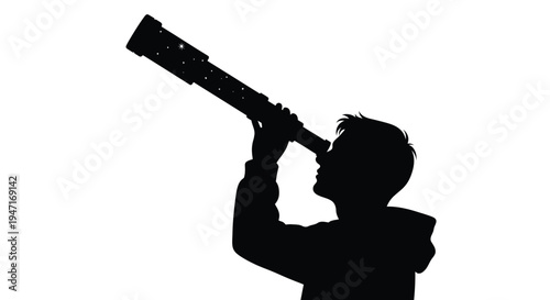 A young person gazes through a telescope at the night sky silhouette