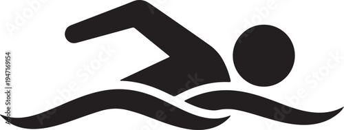 A graceful black silhouette of a swimmer in the water with dynamic wave elements on a transparent background