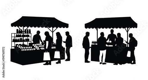 People shopping at outdoor market stalls a dark silhouette