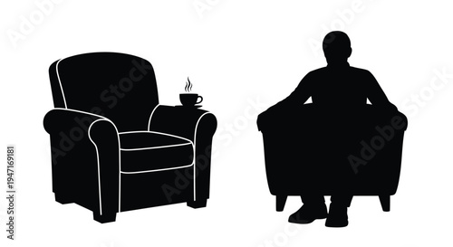 Man relaxing in armchair with coffee a striking black silhouette