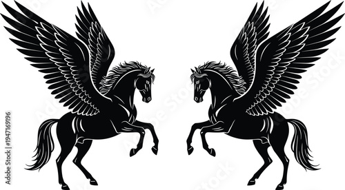 Symmetrical winged horse Pegasus silhouette illustration with detailed feathered wings rearing position mythical creature design representing fantasy strength freedom balance 