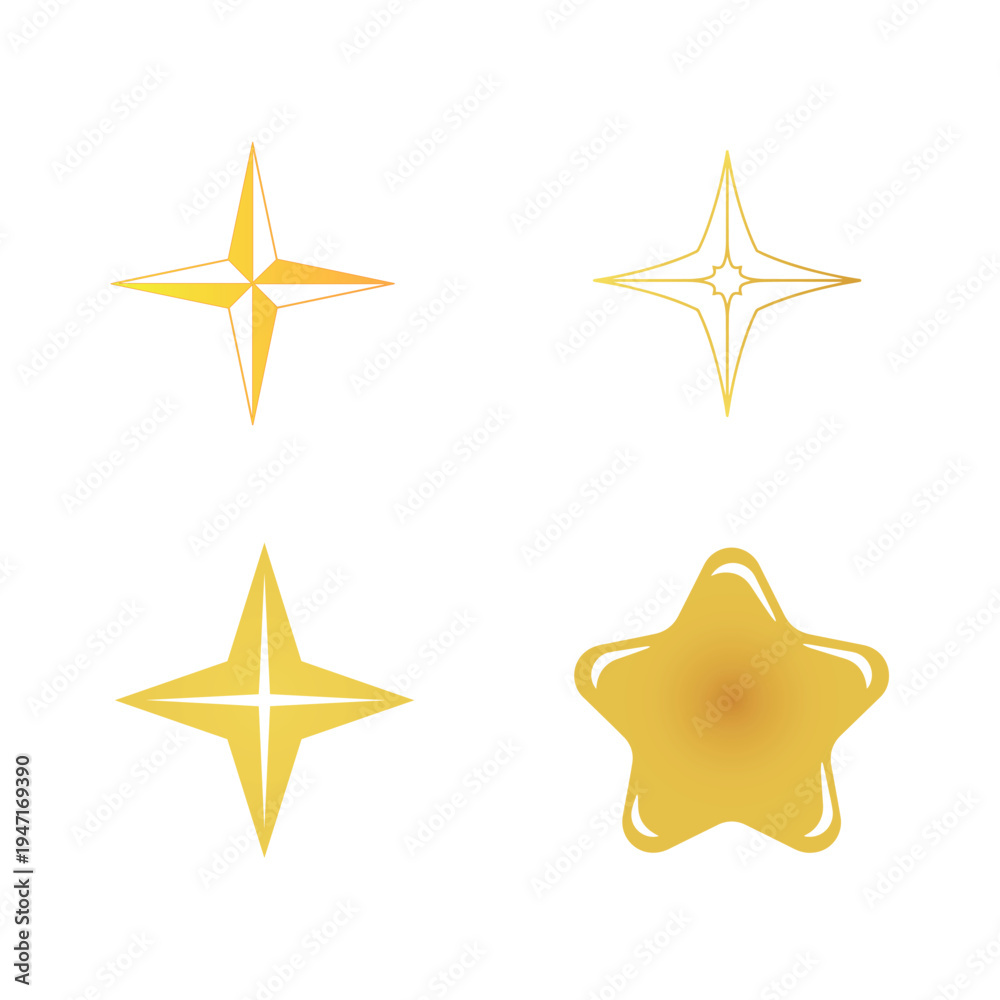 Obraz premium Golden star and sparkle vector icons set with elegant luxury gradient effect on white background