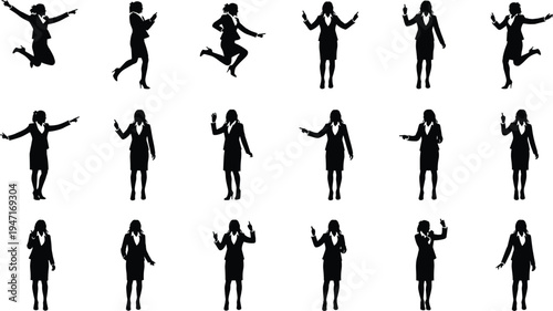 Businesswoman silhouettes collection with various gestures including pointing, jumping, presenting and communication poses, professional female office worker icons isolated on white background