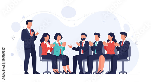 Business meeting applause: team congratulates speaker, successful presentation