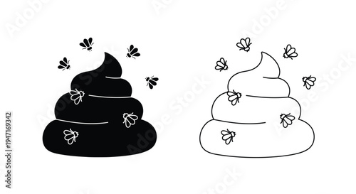 Two piles of animal waste surrounded by flying insects silhouette