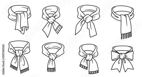 Eight different scarf tying styles shown as a black outline silhouette