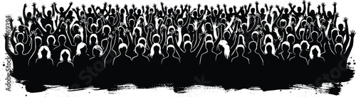 Cheering crowd silhouettes with raised hands at concert or festival, large audience celebration and music event atmosphere concept isolated on white background