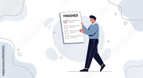 Man holding a finished checklist, task completion, success, business concept