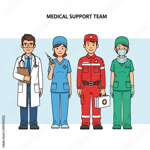 Medical team with doctor nurse paramedic and surgeon standing together