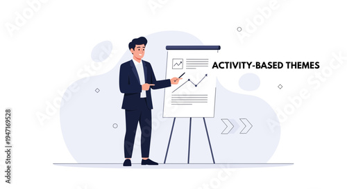 Businessman presenting activity-based themes with graph on whiteboard