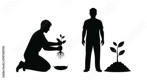 A man plants a seedling representing growth and nurturing silhouette