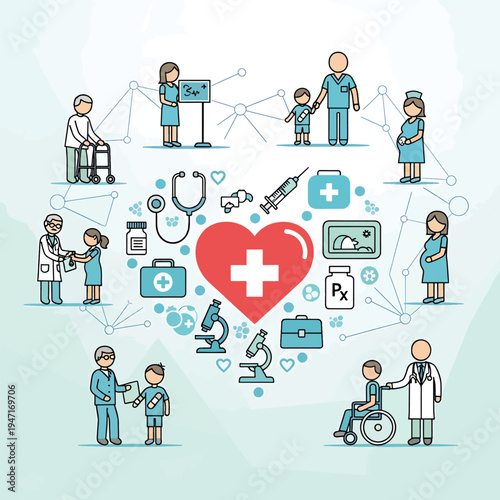 Medical team providing healthcare services to patients in a hospital setting with doctors nurses and medical equipment