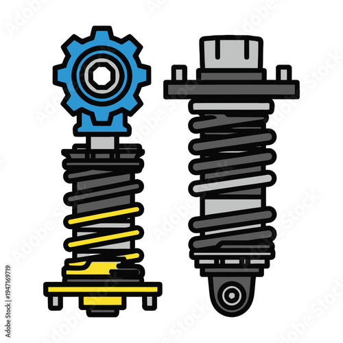Detailed illustration of two shock absorbers with springs and gear automotive suspension components