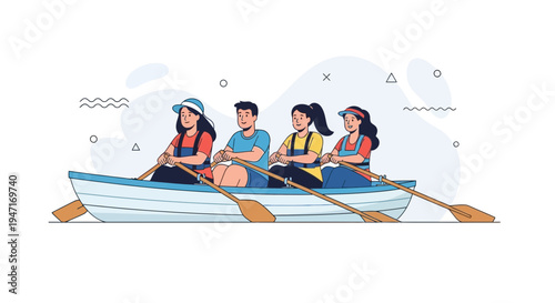 Team Rowing Boat: Four Friends Enjoying Outdoor Activity on Water