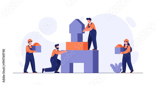 Team Building House Construction with Blocks, Real Estate Development Concept