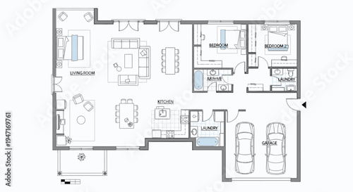 Comprehensive floor plan of a modern family house including a garage, spacious living room, kitchen, laundry room, multiple bedrooms, and bathrooms on an isolated white background.